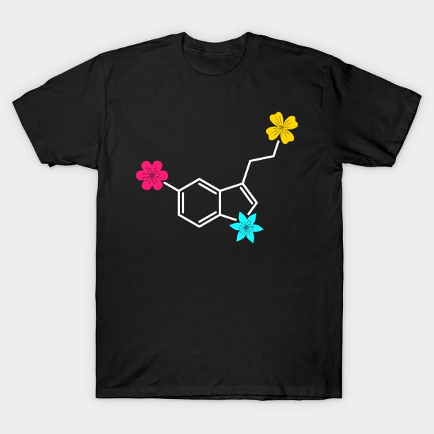 Serotonin Molecule & Flowers Psychedelic Design T-Shirt by Teeziner